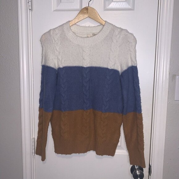 Moth Anthropologie Crew Neck White Color Block Knit Acrylic Blend Sweater XS - Picture 2 of 8